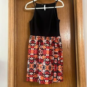 Kensie Black and Floral with Vegan Leather Spaghetti Strap Sundress- Medium